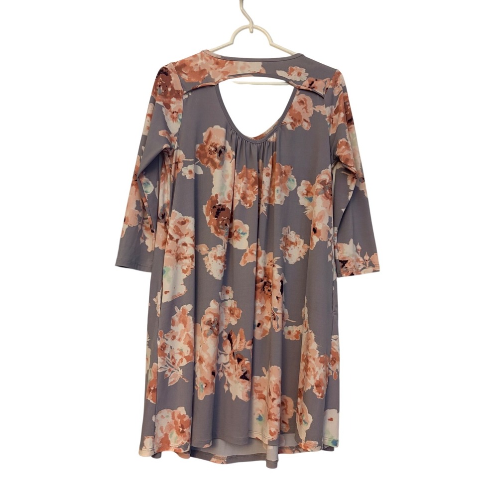 MTS Women Grey Peach Floral V-Neck 3/4 Sleeve Cut-Out Back Pocket Mini Dress M - Picture 5 of 8